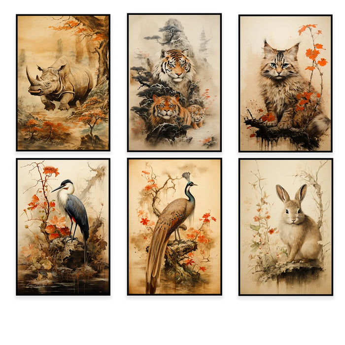 Une collection captivante d'illustrations animalières mettant en scène des rhinocéros, des tigres, un chat, des hérons, un paon et un lapin dans des paysages automnaux.
