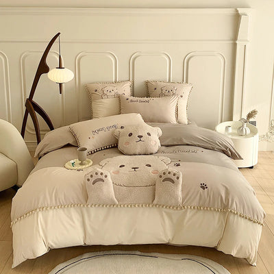 Housse de couette broderie ours mignon blanc