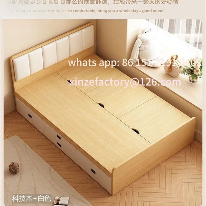 Lit tatami double en bois massif avec rangement intégré, vue de face