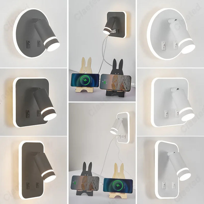 Applique murale LED réglable avec port USB en couleur blanche sur un mur moderne