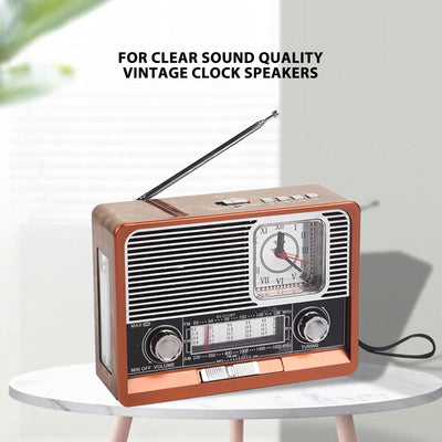 Radio réveil vintage noir avec grain de bois et affichage numérique