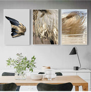 tableaux abstraits nordiques modernes triptyque plumes vagues effet éraflure noir or beige blanc gris