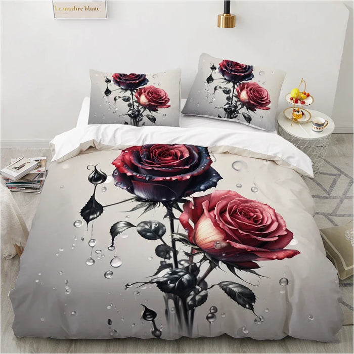 Housse de couette florale 3D rose rouge sur lit king size