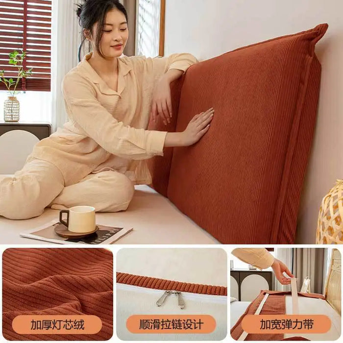 Coussin de tête de lit en velours côtelé blanc avec sangle Tatami sur un lit