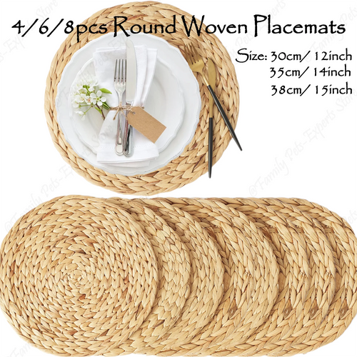 Set de table rond en jacinthe d'eau naturel sur une table en bois