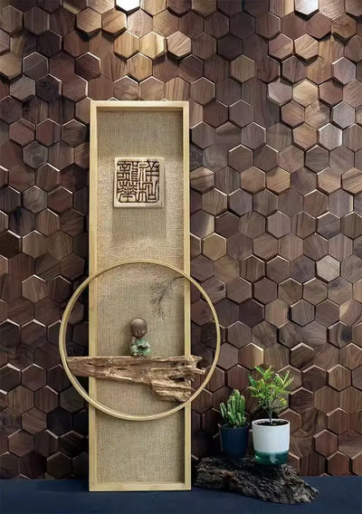 Décoration murale hexagonale 3D bois métal beige