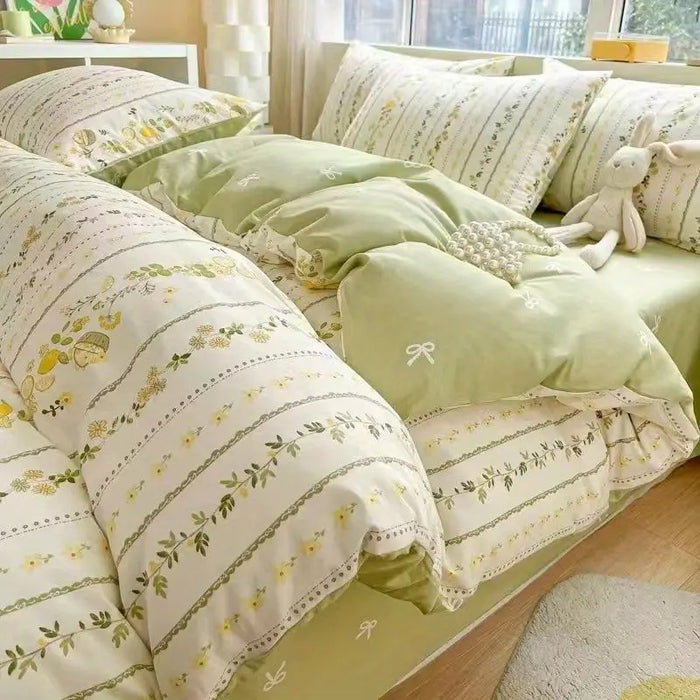 Parure de lit florale verte 4 pièces pour chambre de fille - vue d'ensemble