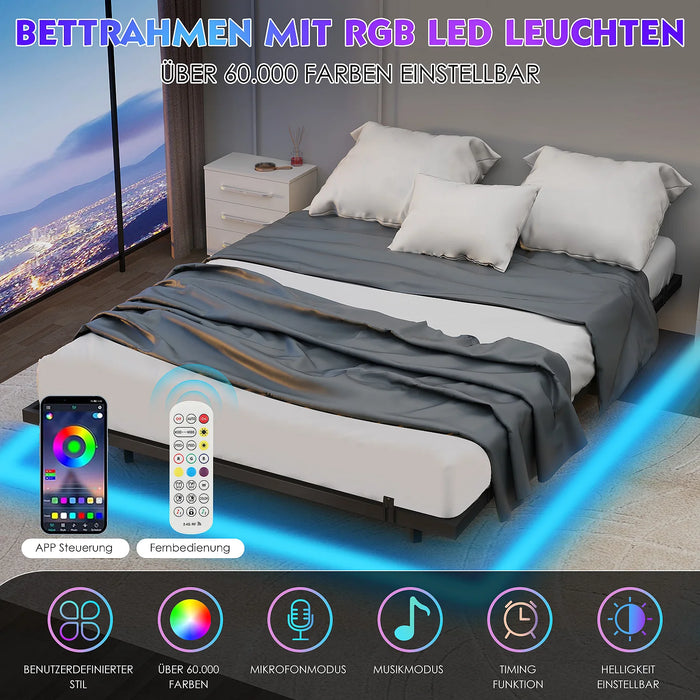 Cadre de lit flottant noir 140x200 cm avec éclairage LED RGB allumé dans une chambre moderne
