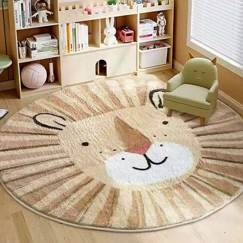 tapis enfant rond lion peluche doux beige chambre bébé décoration sol salon motif animal