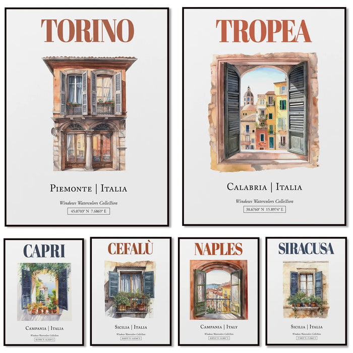 Cette collection de fenêtres d'aquarelles présente des vues panoramiques de différentes villes d'Italie, mettant en valeur leur architecture et leur charme unique.