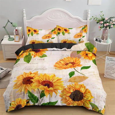 Housse de couette jaune tournesol impression 3D sur lit King