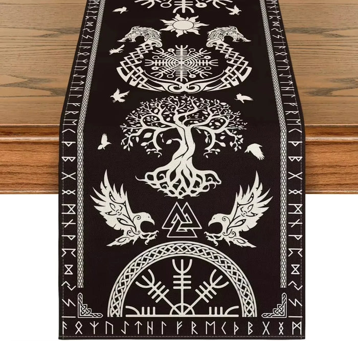 drapeau table artisanal nordique motifs corbeaux arbre vie brunclair festive halloween noël mariage coachella