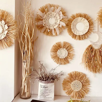 Décoration murale bohème raphia naturel orange