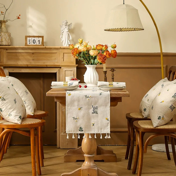 chinois boho blanc fleurs brodées tissu texturé rustique table manger buffet chambre