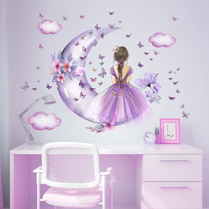 Sticker mural lune papillons chambre fille