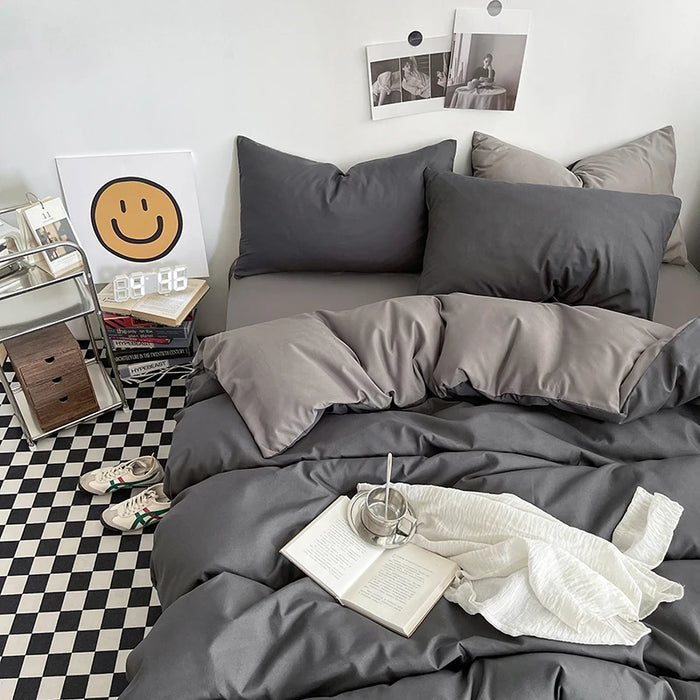 Housse de couette coton lavé noir 3 pièces sur lit
