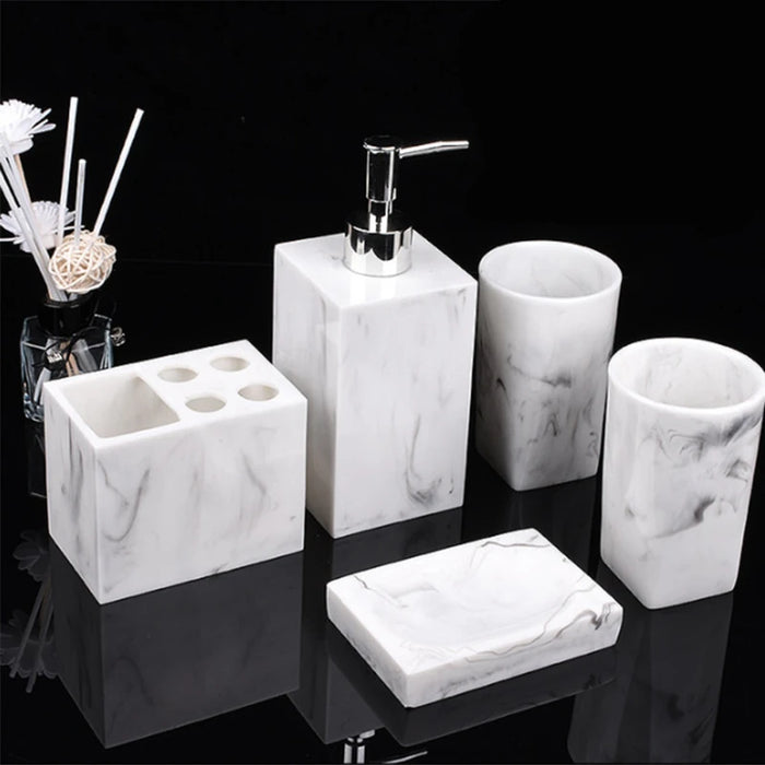 ensemble salle bain blanc marbre moderne distributeur savon tasse dents boire porte brosse dents