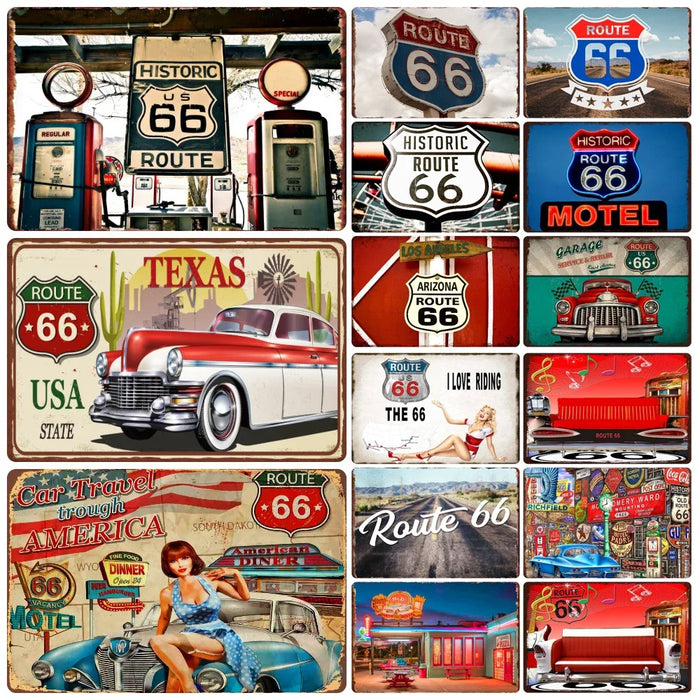 Plaque métal vintage Route 66 décoration murale garage