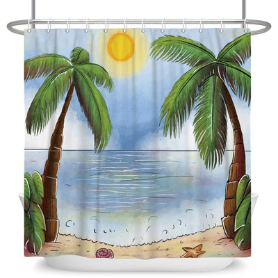 Rideau de douche illustrant un paysage tropical luxuriant avec des palmiers verts, un parapluie coloré ouvert en premier plan, sur fond de ciel bleu. Idéal pour apporter une touche exotique à votre salle de bain.