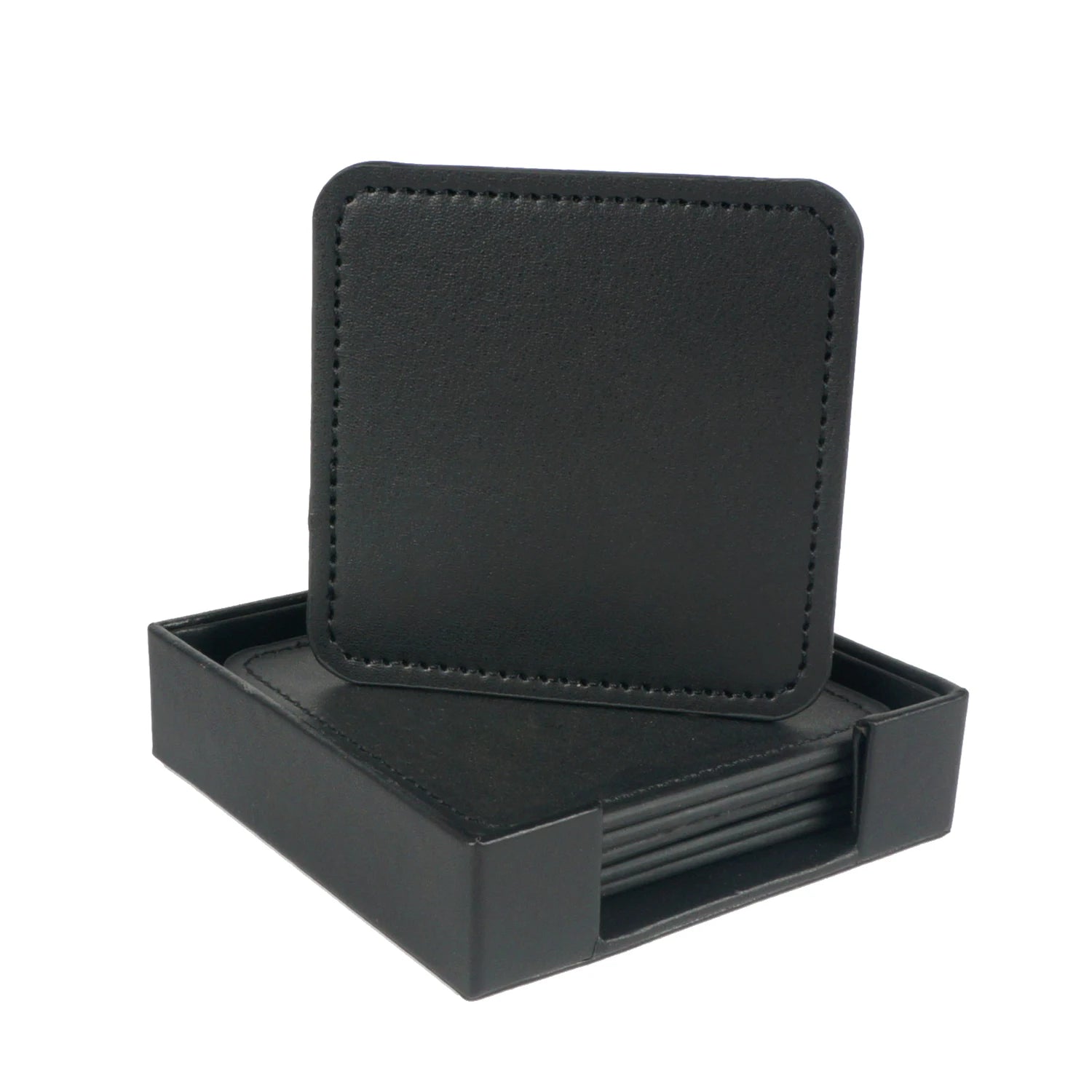 Boîte de rangement pour sous-verres en cuir noir avec motif piqué.