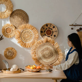 décoration murale bohème tressée franges spirales motifs géométriques beige marron brun