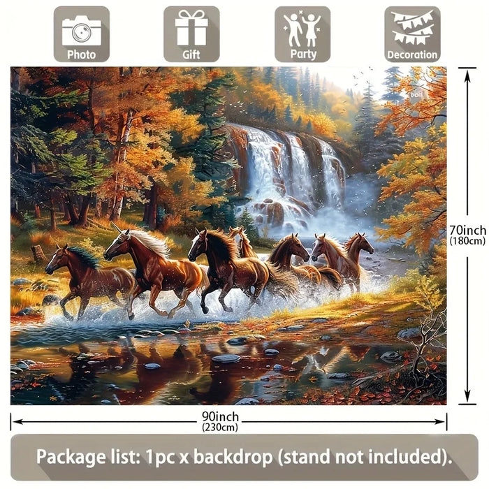 toile fond paysagère chevaux galopants rivière cascade automne mariage anniversaire noël