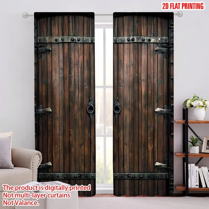 rideau vintage rustique marron texture bois polyester deux panneaux