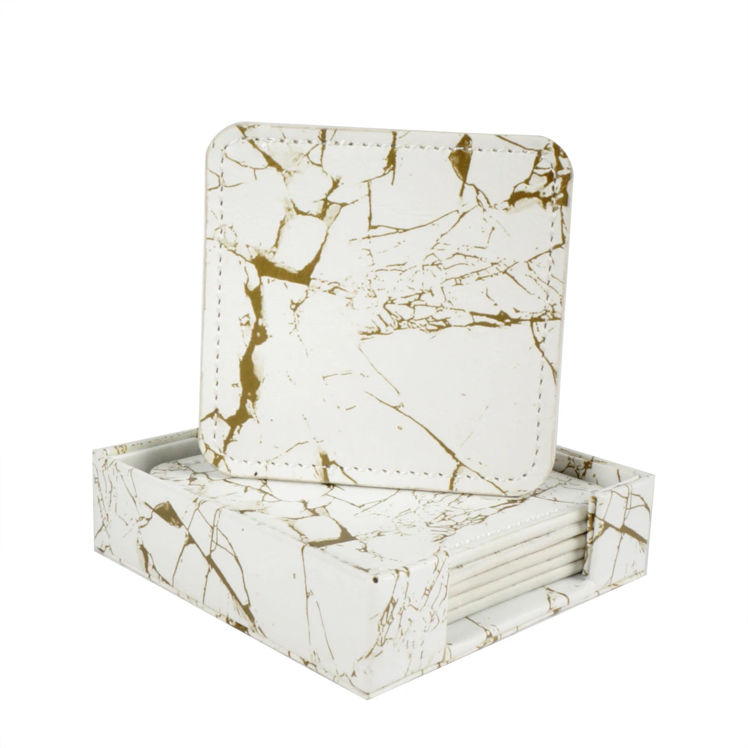 Un jeu de sous-verres élégants avec un motif de marbre blanc et doré créant un design moderne et sophistiqué.