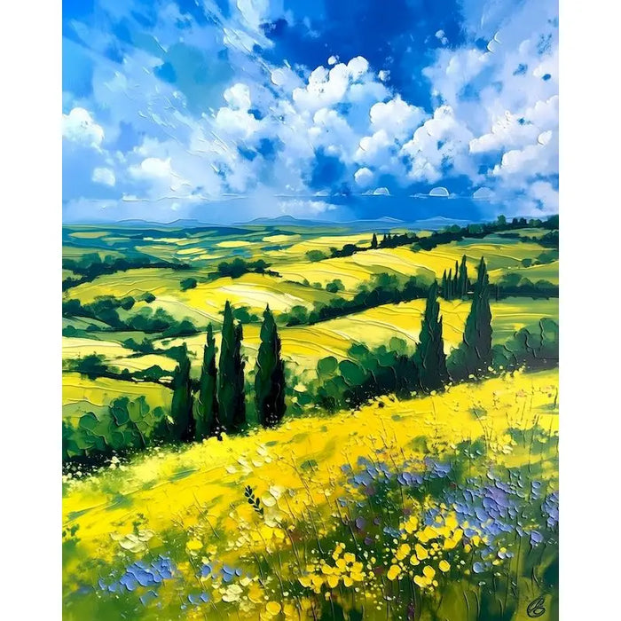 puzzle paysage champêtre fleurs arbres montagnes peinture huoil opacité diy pinceaux toile guide couleurs