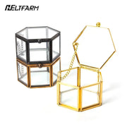 boîte bijoux verre transparent hexagonale cadre métallique or décoration cristaux vintage bohème
