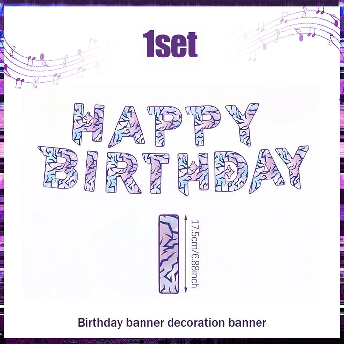 guirlande lettres birthday violet blanc moderne graphique confettis ballons gâteau assiettes verres