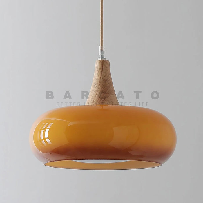 Lustre suspendu orange rétro en verre et bois pour salon moderne