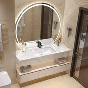 Meuble de salle de bain d'angle avec miroir et étagère de rangement serviette, design moderne en pierre artificielle