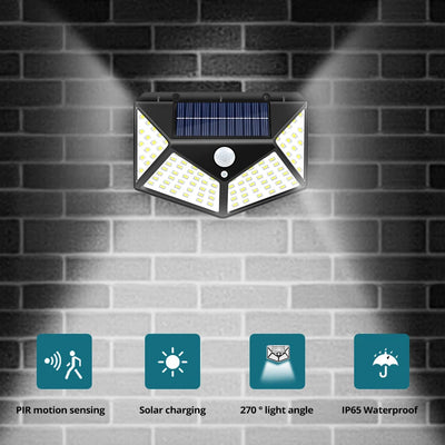 Lampe solaire extérieure étanche avec détecteur de mouvement bleu sur mur blanc