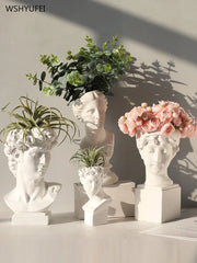 buste decoratif tete antique vase blanc feuilles fleurs artificielles classique