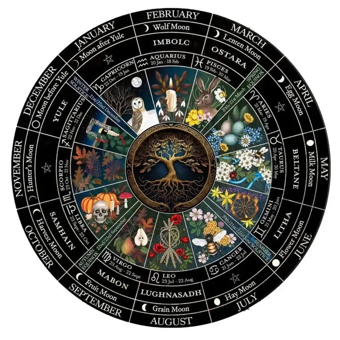 tapis rond noir blanc saisonnal astrologique motifs symboliques oracles prière moderne salon chambre