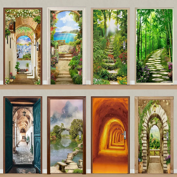 Autocollant de porte 3D paysage urbain gris clair appliqué sur une porte blanche