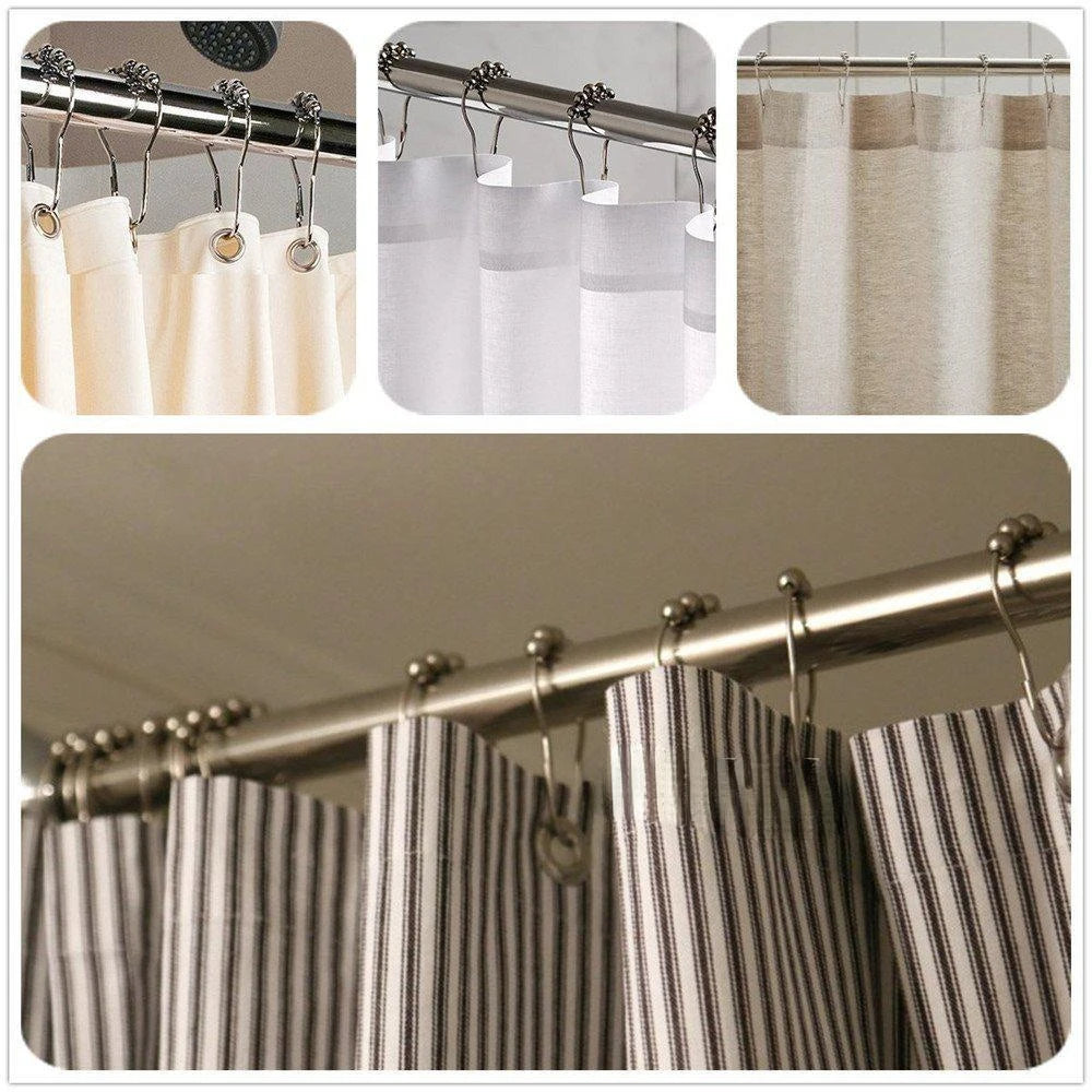 Crochets dorés pour rideaux utilisés avec divers types d'attaches et de tissus, montrant leur compatibilité universelle.