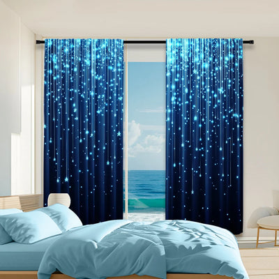 Rideau ciel étoilé bleu nuit dans une chambre