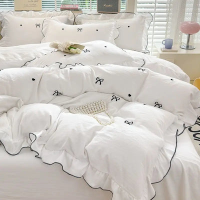 Ensemble housse de couette brodée coton lavé dentelle blanc