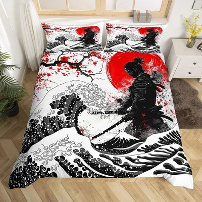 Housse de couette rouge samouraï japonais Hokusai