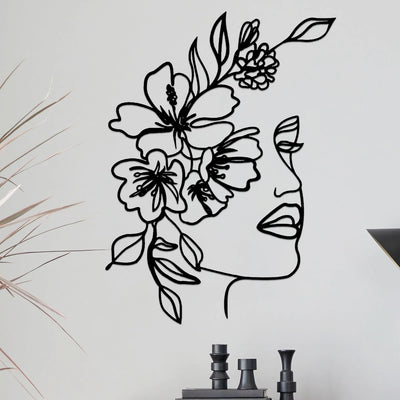 Décoration murale métal visage femme fleur noir