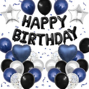 décoration anniversaire moderne ballons happy birthday lettres étoiles cœurs bleu noir argenté blanc kit