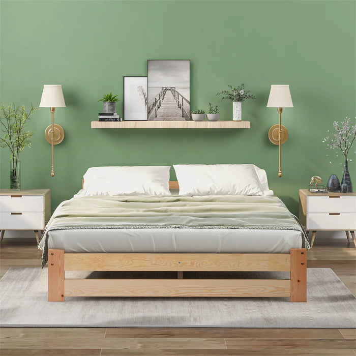 Lit futon en bois massif pin naturel avec tête de lit, vue d'ensemble
