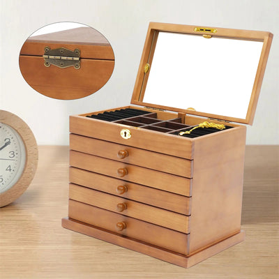 Boîte à bijoux en bois vintage 6 niveaux avec miroir et serrure vue de face