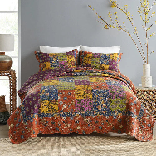 couvre lit patchwork floral boho chic violet orange bleu jaune marron king queen 223x269cm