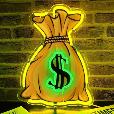 Panneau néon LED mural en forme de sac de billets avec symbole dollar éclairé en bleu