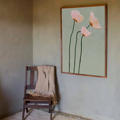 Toile imprimée fleurs coquelicot vert sauge rose art mural