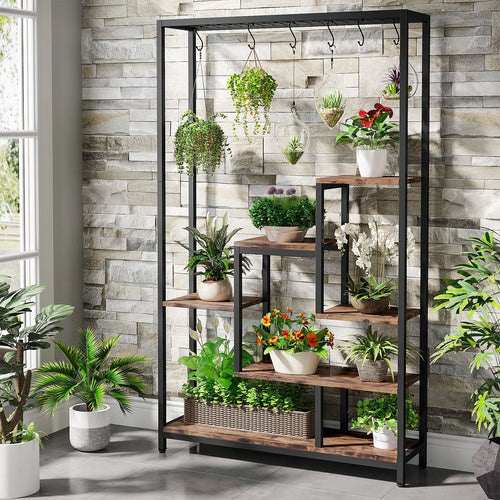 Support pour plantes d'intérieur 5 niveaux en métal noir avec plantes vertes