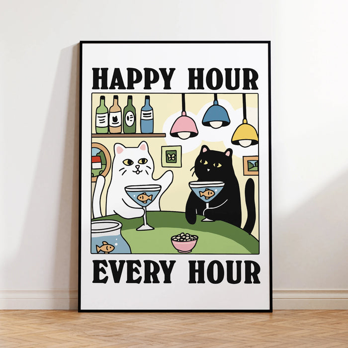 affiche chat dessin animé verres cocktails bouteilles poissons lustres deco maison enfant salon blanc